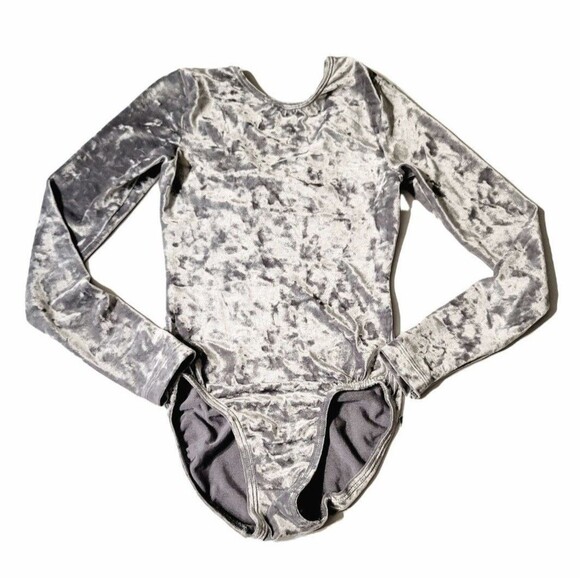 GK Elite VTG 1992 AXS Silver Velvet Bodysuit Leotard Long Sleeve Silver Adult XS - Picture 1 of 11